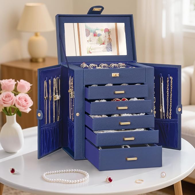 AKOZLIN 6-Tier Jewelry Box Organizer Functional 5 Drawers Leather Jewelry Storage Case for Women Girls Ring Necklace Earring Bracelet Holder Organizer with Mirror Medium Blue