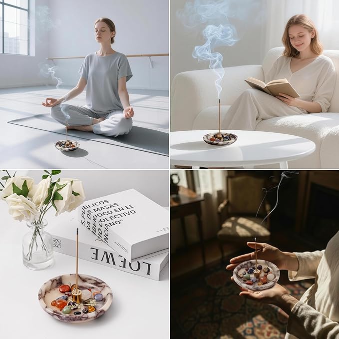 Natural Calacatta Viola Incense Holder, 5.5” Marble Incense Stick Holder with 9 Incense Holes & Crystal Stones, Handmade Incense Burner Ash Catcher for Meditation Yoga Spa Room Decor (WH094)