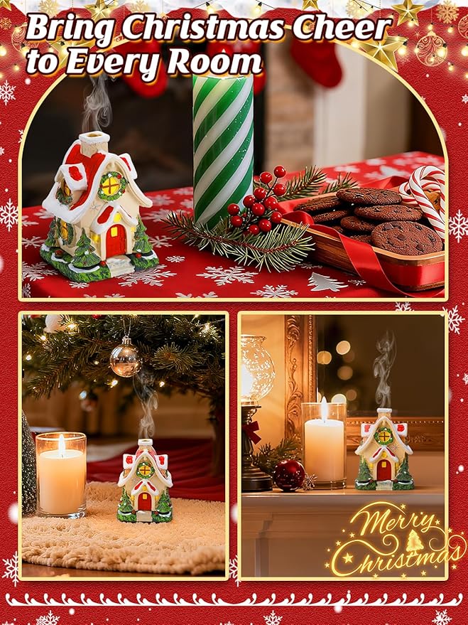 Christmas Log Cabin Incense Burner - Gift for Mom Wife Her Women, Christmas Village House Incense Holder with 2 Incense Cones for Home Decorations, Red