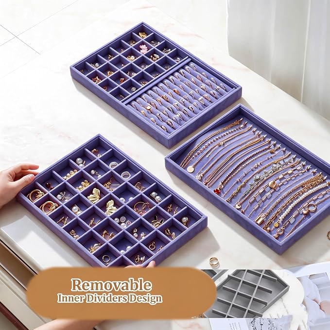 Large Velvet Jewelry Tray 2 Pack Stackable Jewelry Display Drawer Inserts Trays Organizer for Earring Bracelet Necklace Ring (Purple, 35 Grids)