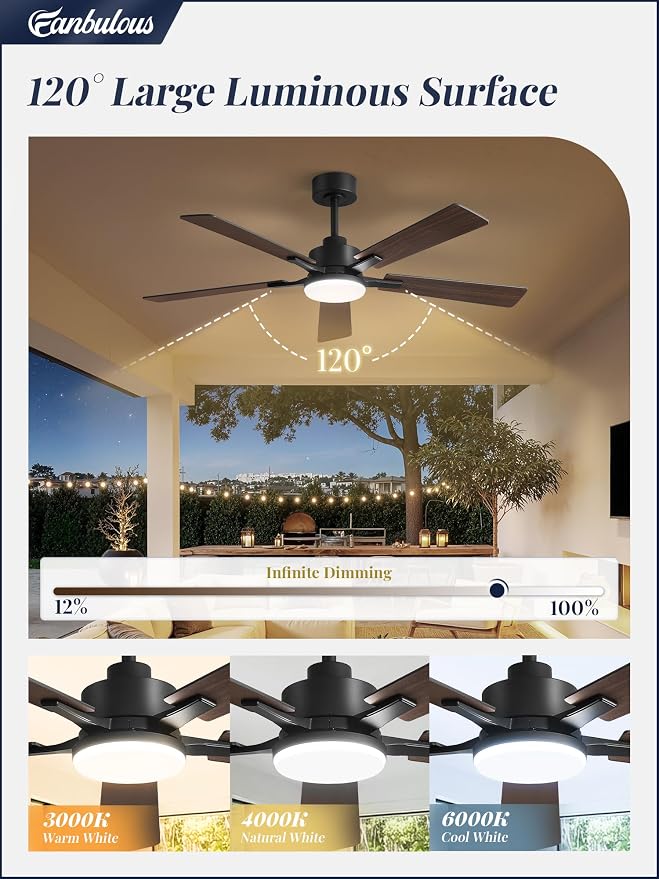 52 Inch Ceiling Fan with Light and Remote, 6 Speeds Reversible DC Motor Ceiling Fans for Bedroom Living Room Patio, 3CCT Dimmable LED, 5 Wood Blades, Downrod Mount, Sloped Ceiling Compatible