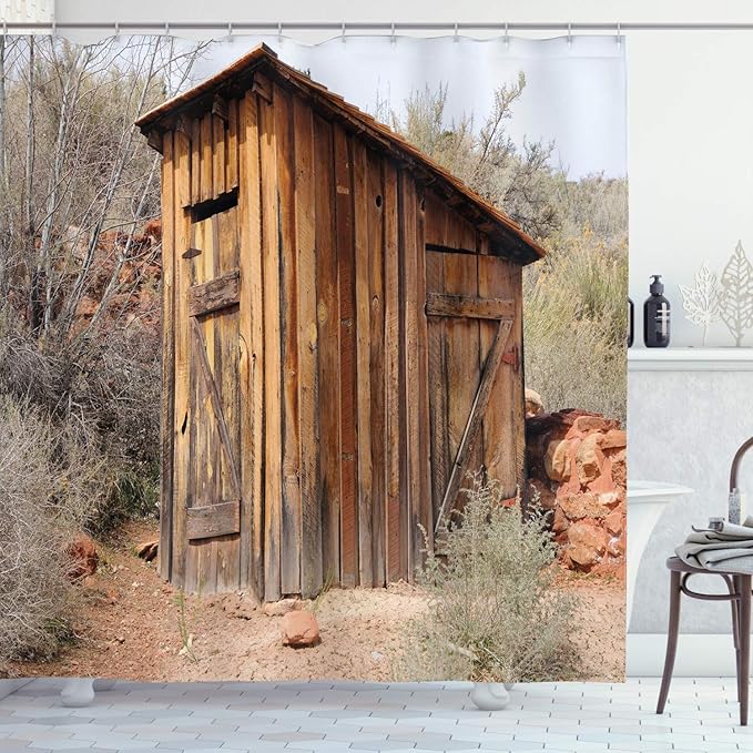 Ambesonne Outhouse Shower Curtain, Old Wooden Shed in The Outback Country Side Olive Trees, Cloth Fabric Bathroom Decor Set with Hooks, 69" W x 75" L, Caramel Brown