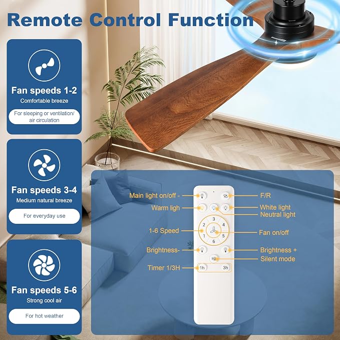 52inch Ceiling Fan with Light and Remote for Outdoor/Indoor Use, Patios, Bedrooms, Living Rooms, Kitchens, 6 Speeds,3CCT Switchable,with 3 Solid Wood Blades and Modern, Noiseless, Reversible Function