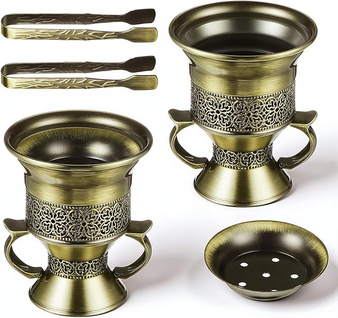 Zonon 2 Sets Bronze Incense Burner with Tong, Frankincense Charcoal Incense Stand Holder, Ideal for Yoga, Spa, Aromatherapy, Home and Christian Church Censer (Elegant)