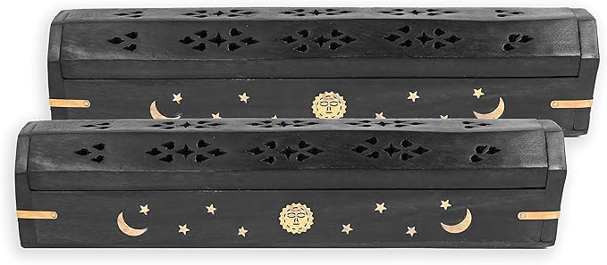 Incense Garden Pack of 2 Incense Stick Holder - Coffin Style - Wood Incense Stick Burner with Sun Moon Star Inlays Handmade with Brass Inlays (Black)