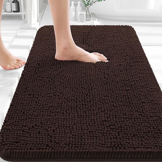 OLANLY Bathroom Rugs 30x18, Extra Soft Absorbent Chenille Bath Rugs, Rubber Backing Quick Dry, Machine Washable Bath Mats for Bathroom Floor, Tub and Shower, Home Decor Accessories, Brown