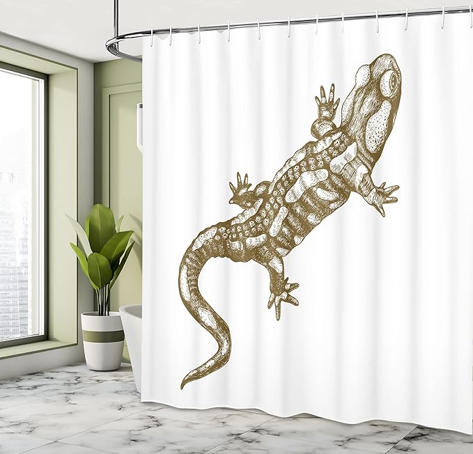 Ambesonne Animal Shower Curtain, Exotic Salamander Lizard Retro Styled Reptile Wilderness Theme Sketchy Illustration, Cloth Fabric Bathroom Decor Set with Hooks, 69" W x 70" L, White Beige