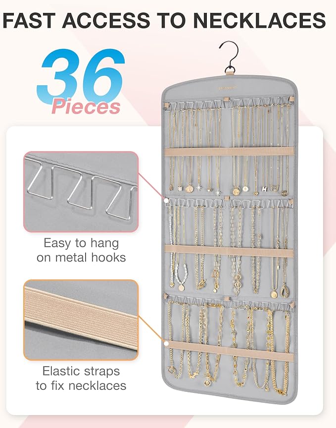 BAGSMART Hanging Jewelry Organizer, Necklace Holder Anti-tangle with 20 Jewelry Storage,1 Piece, Large Grey