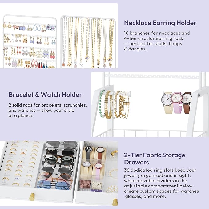 SWTYMIKI Jewelry Organizers and Storage- Multifunctional Stand Jewelry Organizer Cabinet for Necklace, Earring, Ring & Bracelet - Jewelry Box Necklace Holder with 4 Nonwoven Drawers & Wheel White