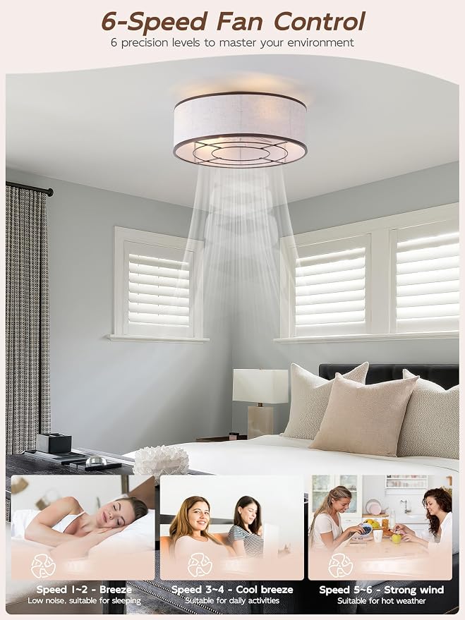 20" Brown Ceiling Fans with Lights, Boho Flush Mount Ceiling Fan with Light and Remote, Drum Fabric with 6 Speeds for Bedroom, Nursery, Living Room