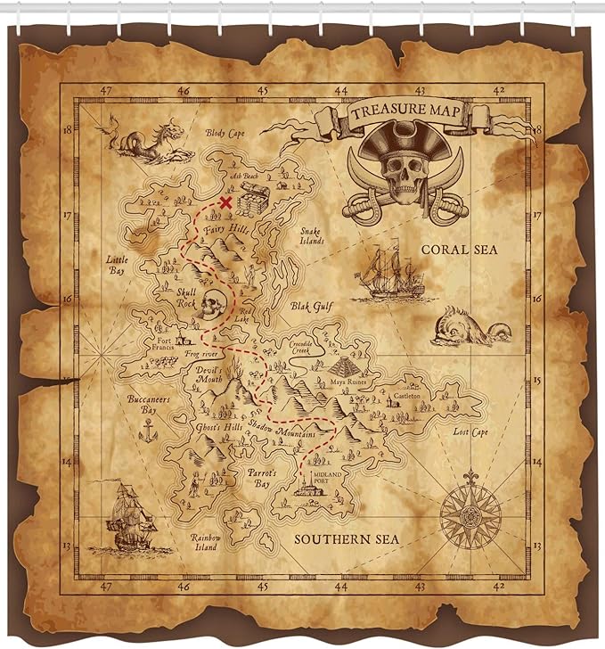 Ambesonne Island Map Shower Curtain, Super Detailed Treasure Map Grungy Rustic Pirates Gold Secret Sea History Theme, Cloth Fabric Bathroom Decor Set with Hooks, 69" W x 75" L, Beige Brown