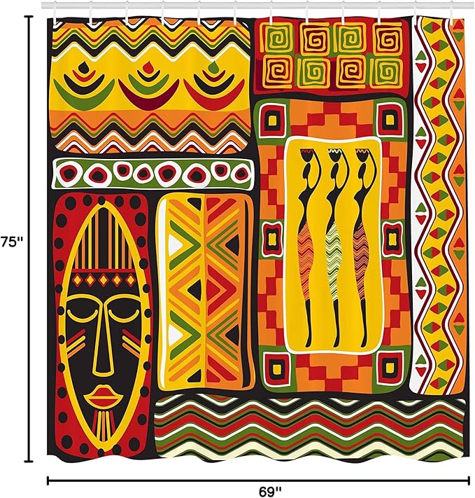Ambesonne African Shower Curtain, Elements Historical Original Striped and Rectangle Shapes Design, Cloth Fabric Bathroom Decor Set with Hooks, 69" W x 75" L, Scarlet Yellow