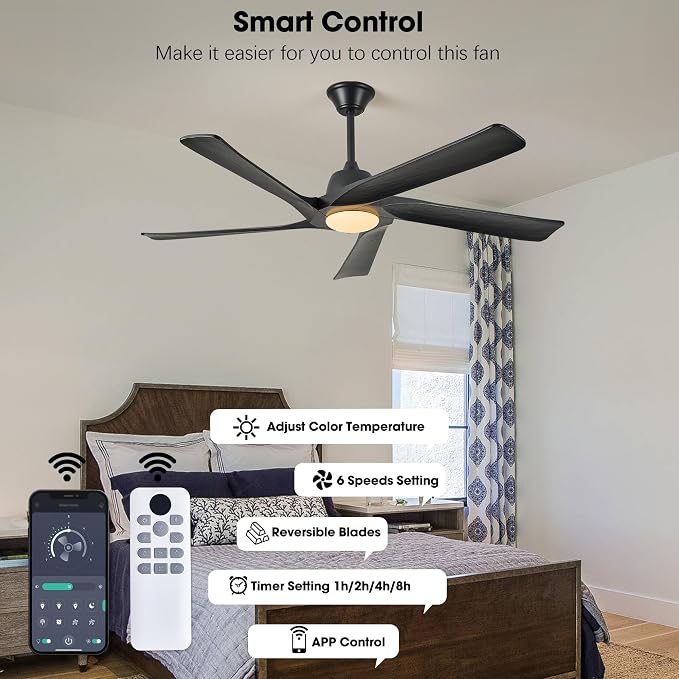60 Inch Solid Wood Ceiling Fan with Light, Remote and APP Control, 3-color Dimmable, DC Motor, 6-speed Reversible, Farmhouse Ceiling Fans for Bedrooms, Outdoor Patios, Black