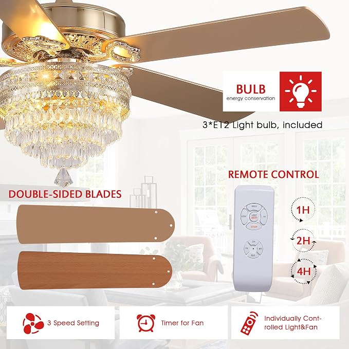 GJeg Crystal Ceiling Fan Fandelier with Lights - Retro Outdoor Fans with Remote Control, Farmhouse Ceiling Fan with Noiseless AC Reversible Motor,Dining Room,Living Room(52" Gold)