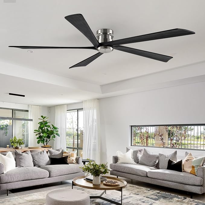 EKIZNSN 84 Inch Brushed Nickel Flush Mount Ceiling Fans without Light for Patios, 110V Noiseless Reversible DC Motor, 6-Gear Speed (Nickel Finish with Black Blades)