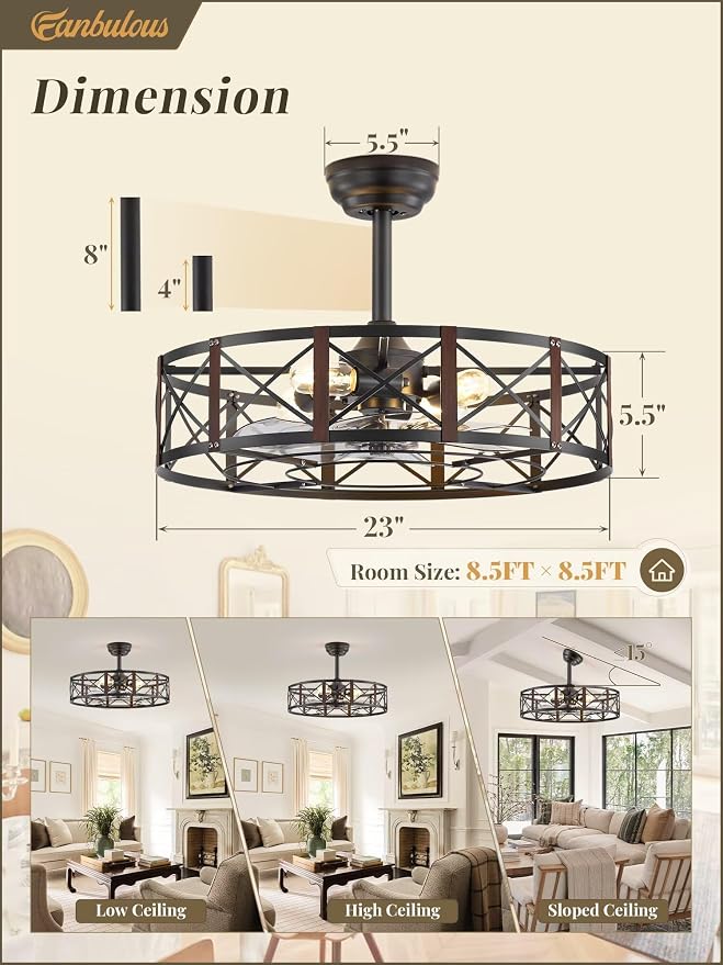Fanbulous 23 Inch Fandelier Caged Ceiling Fans with Lights and Remote, Black Bladeless Ceiling Fan with 6 Speeds and Timing, Farmhouse Samll Fan Lights Ceiling Fixtures For Kitchen, Bedroom-Walnut