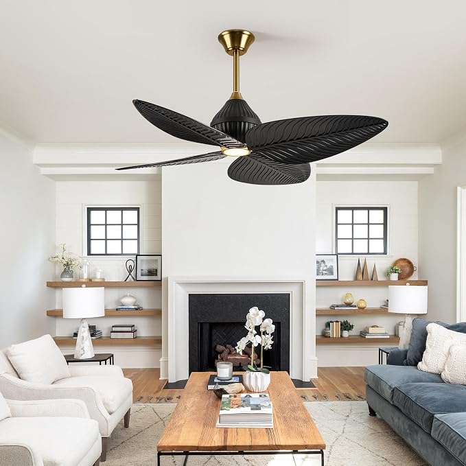 52" Tropical Ceiling Fans with Lights, Indoor Palm Leaf Ceiling Fan with Light and Remote for Living Room Bedroom, ABS Blades, Dimmable LED Lights, 6 Speeds, Adjustable Height-Black Gold