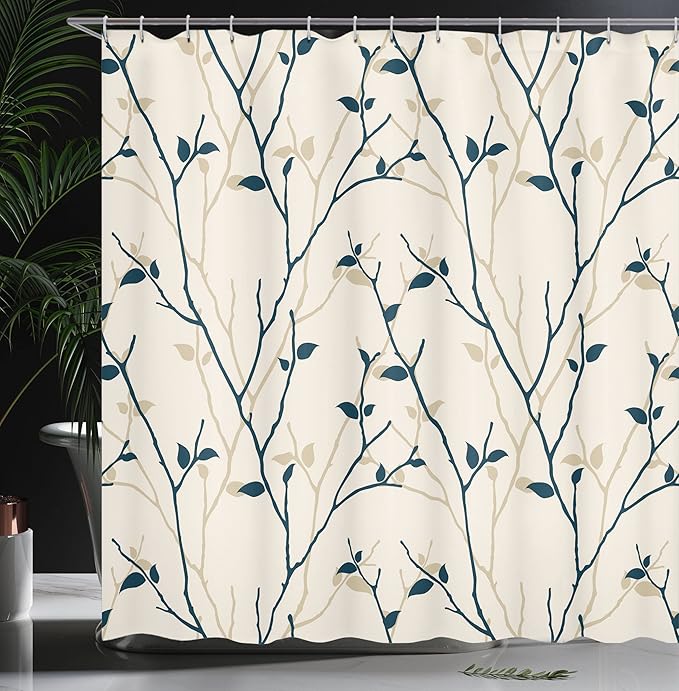 Ambesonne Leaf Shower Curtain, Branches in The Fall Trees Stem Twig Last Few Leafage Minimalistic Design Art, Cloth Fabric Bathroom Decor Set with Hooks, 69" W x 70" L, Beige Dusk