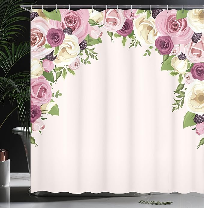 Ambesonne Rose Shower Curtain, Romantic Lisianthus Berries as an Arch Marriage Wedding and Gatherings Design in Soft Pastel Colors, Cloth Fabric Bathroom Set with Hooks, 69" W x 75" L, Purple Cream