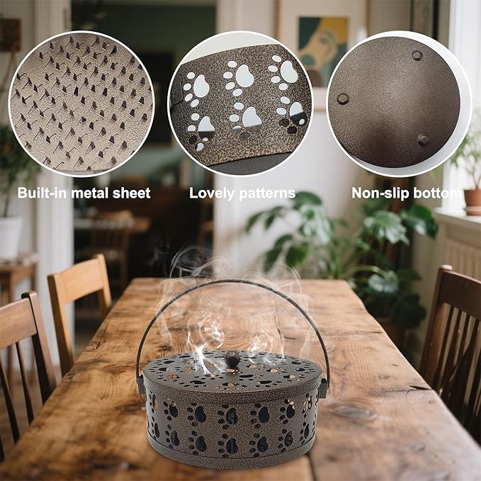 2 Pcs Mosquito Coil Holder Retro Portable Incense Coil Holder Round Fireproof Metal Hanging Incense Burner with Handle for Home Indoor Outdoor Patio Camping Hiking, Dog Paw Style