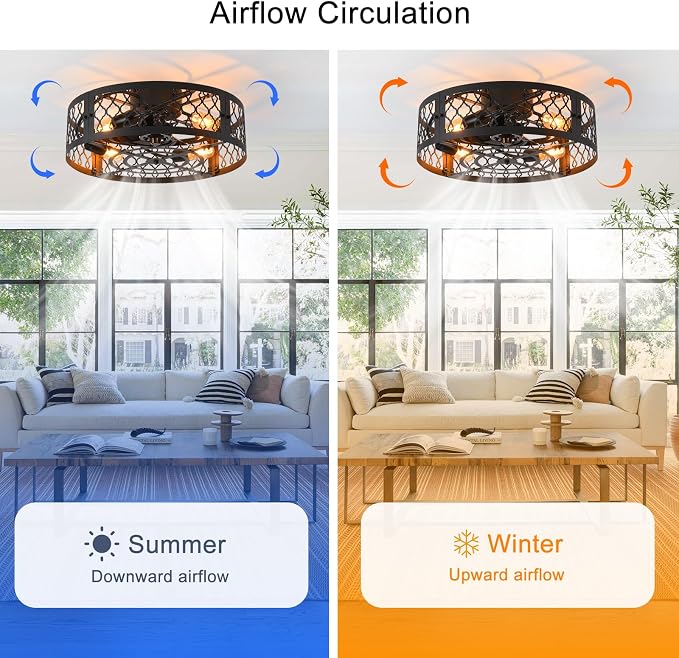Garwarm 20in Caged Ceiling Fan with Light,Bladeless Black Fandelier Ceiling Fan with Remote,Industrial Farmhouse Flush Mount Ceiling Fans Light Fixtures for Kitchen,Bedroom,Living room（6 Speed,Timing）
