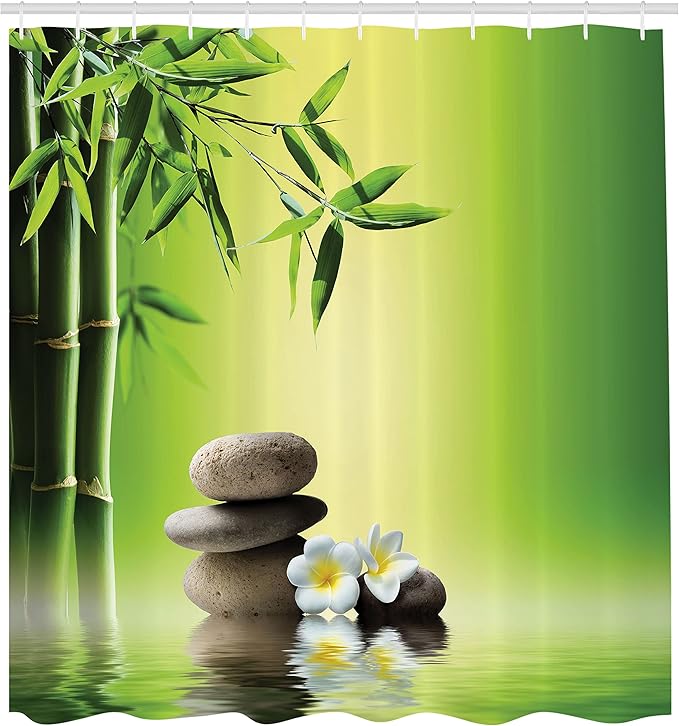 Ambesonne Spa Themed Shower Curtain, Far Eastern Vibes Stones Frangipani Flowers Tree and Water Themed Photo, Cloth Fabric Bathroom Decor Set with Hooks, 69" W x 84" L, Yellow Green