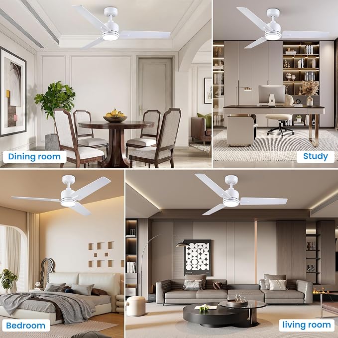 Newday 48 Inch Ceiling Fans with Lights Remote for Bedroom Living Room Kitchen Office, Indoor or Covered Outdoor, 3CCT Dimmable, 3 Blades, 6 Speed Reversible Quiet DC Motor, White/Wood Grain