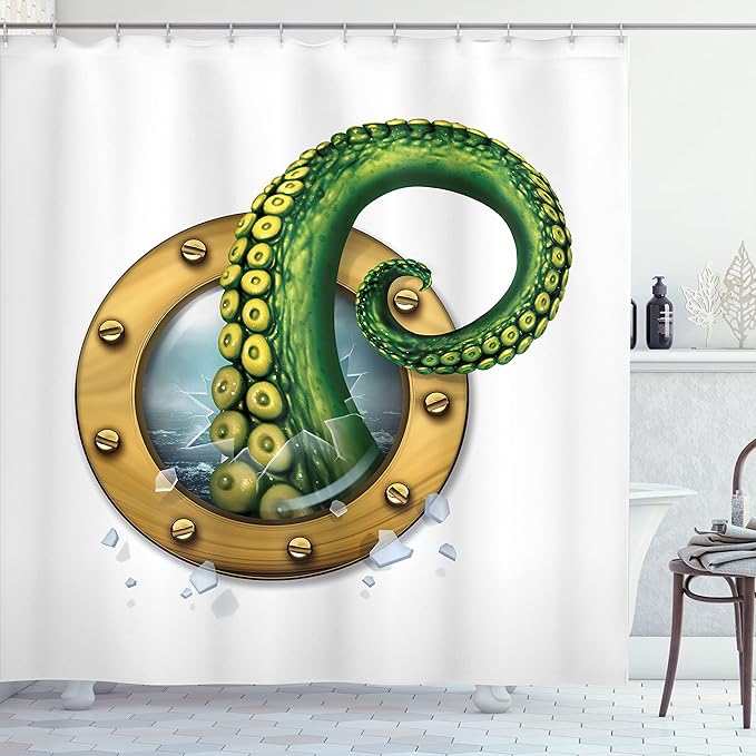 Ambesonne Octopus Shower Curtain, Ship Porthole Tentacles, Cloth Fabric Bathroom Decor Set with Hooks, 69" W x 70" L, Fern Brown
