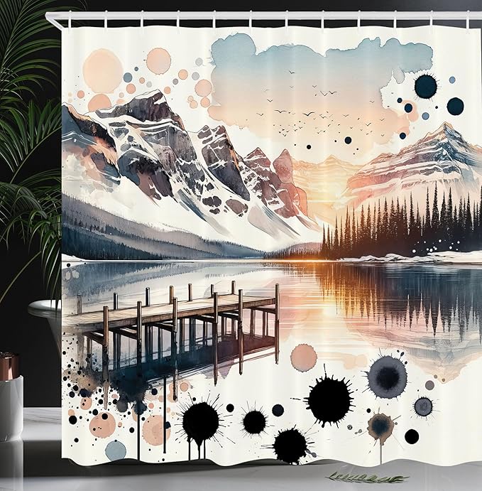 Ambesonne Lake Shower Curtain, Surreal Mountain Landscape Illustration Abstract Paint Splatter Blots, Cloth Fabric Bathroom Decor Set with Hooks, 69" W x 75" L, Peach and Pale Slate Blue