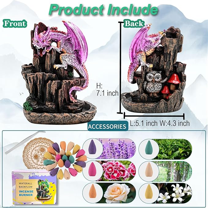 Dragon Backflow 2 Sided Mountain Waterfall Incense Burner,Fountain Smoke Incense Holder with Backflow Incense Cones, Tweezers, Mat，Resin Aromatherapy Meditationvaiuk (Purple)