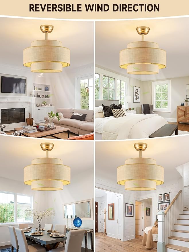 Boho Fandelier Ceiling Fan with Light Rattan Chandelier Fan Remote Gold Caged Ceiling Fan with Light for Bedroom, Living Room Nursery Foyer Kitchen（ Timing Adjustable Height）