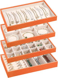 LANDICI Stackable Jewelry Organizer Trays 4 Set,PU Leather Jewelry Organizer Drawer,Jewelry Storage Display Tray for Earring Necklace Rings Bracelet with Removable Dividers,Orange