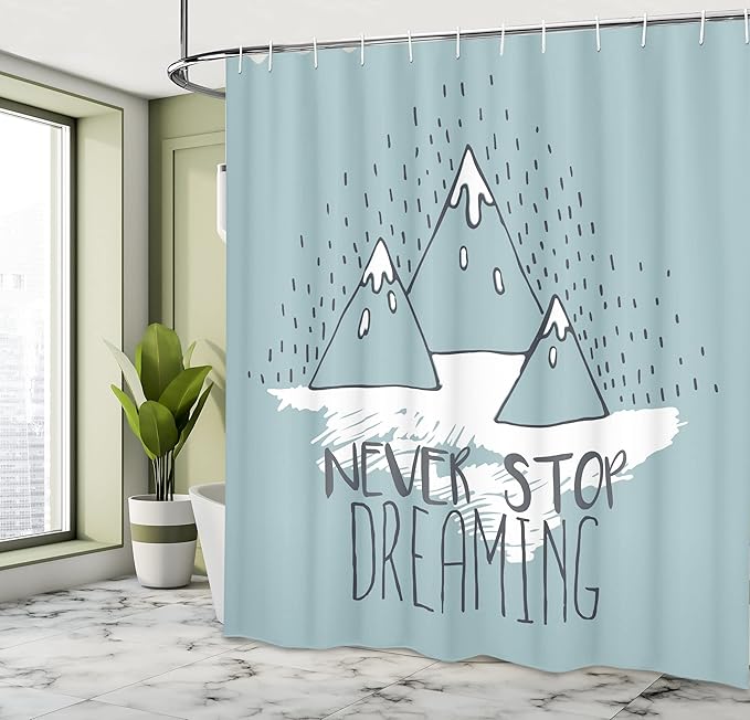Ambesonne Saying Shower Curtain, Mountain Peaks Never Stop Dreaming Goal Success Aspiration Print, Cloth Fabric Bathroom Decor Set with Hooks, 69" W x 70" L, Pale Green White