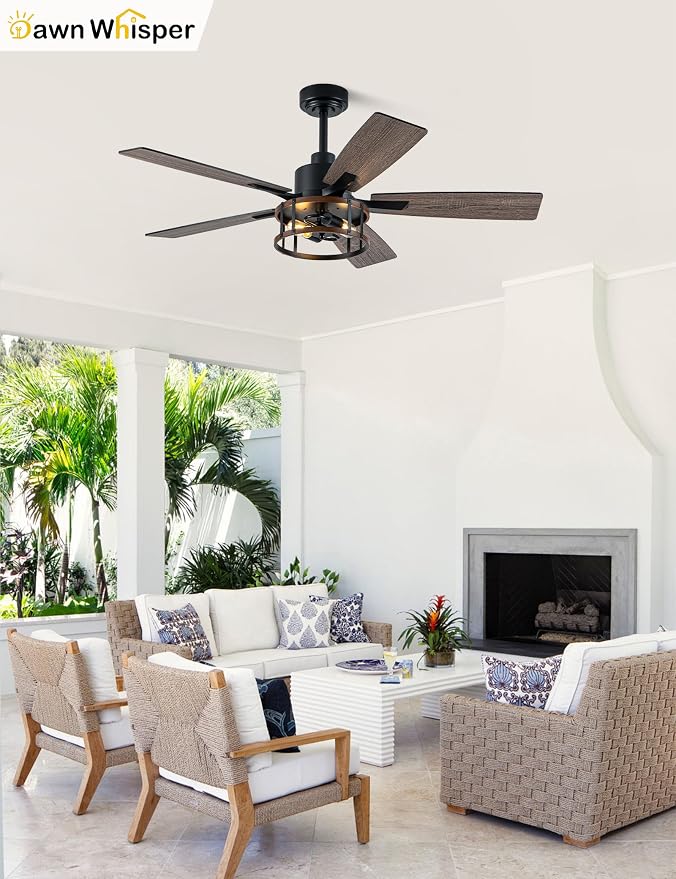 Dawn Whisper Farmhouse Ceiling Fans with Lights 52 Inch Black Caged Rustic Ceiling Fan for Bedroom Living Room and Patio Reversible Quiet DC Motor 6 Speeds