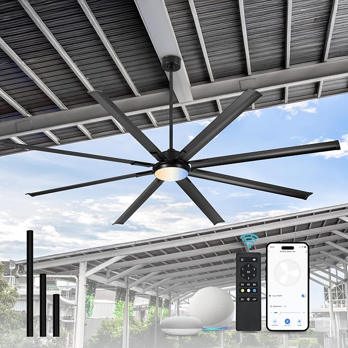 96-Inch Industrial Ceiling Fan with Lights and Remote - Extra Large Indoor Fan with 8 Aluminium Blades,Smart Fan Works with Voice Control,Model:ZCCF04BK-96