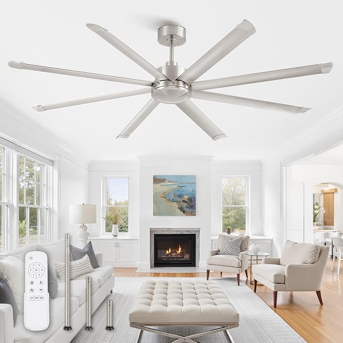 ZMISHIBO 84" Large Industrial Ceiling Fans No light with Aluminum 8 Blades, Commercial Ceiling Fan without Light, Quiet DC Motor, 6 Speeds, Indoor Outdoor Ceiling Fan for Patio, Garage, Shop,Nickel