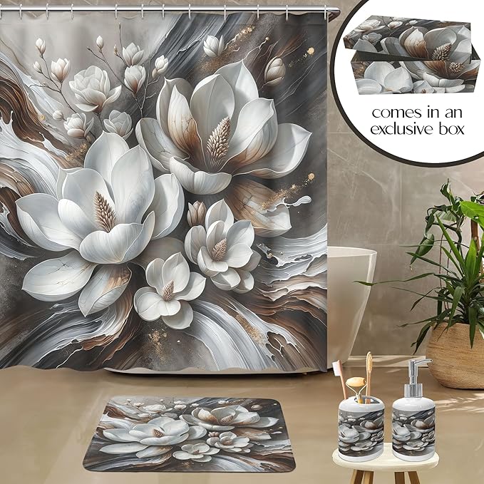 Ambesonne Brown Bathroom Decor Set 4 Pcs Including Shower Curtain with Hooks Bath Mat Soap Dispenser Toothbrush Holder in Box Essentials & Accessories, Magnolia Watercolor, White Dark Grey Chocolate