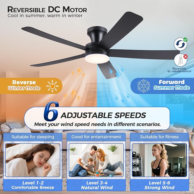 Ayaoty Ceiling Fans with Lights,46" Black Flush Mount Ceiling Fan Light with ABS Blades Reversible,3CCT Dimmable, Low Profile Fan Light for Indoor Modern Bedroom, Kitchen