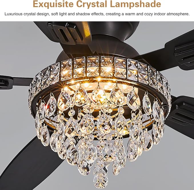 Crystal Ceiling Fan Fandelier with Lights-Ceiling Fans with Lights,54" Low Profile and Remote Control, Flush Mount, Reversible, Dimmable, Noiseless, Black Ceiling Fan for Bedroom