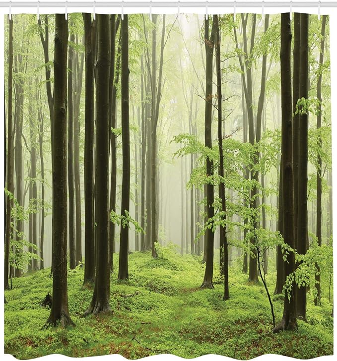 Ambesonne Landscape Shower Curtain, Beech Forest Morning Haze in The Mountains of The Southern Polish Image, Cloth Fabric Bathroom Decor Set with Hooks, 69" W x 75" L, Pale Green