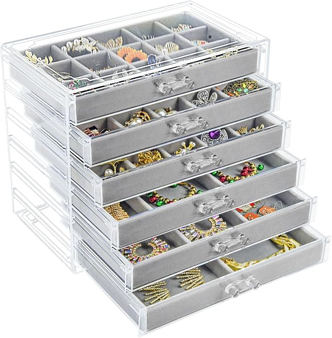 Watpot Acrylic Jewelry Box Organizer and Storage 6 Drawer for Earring Display Gray