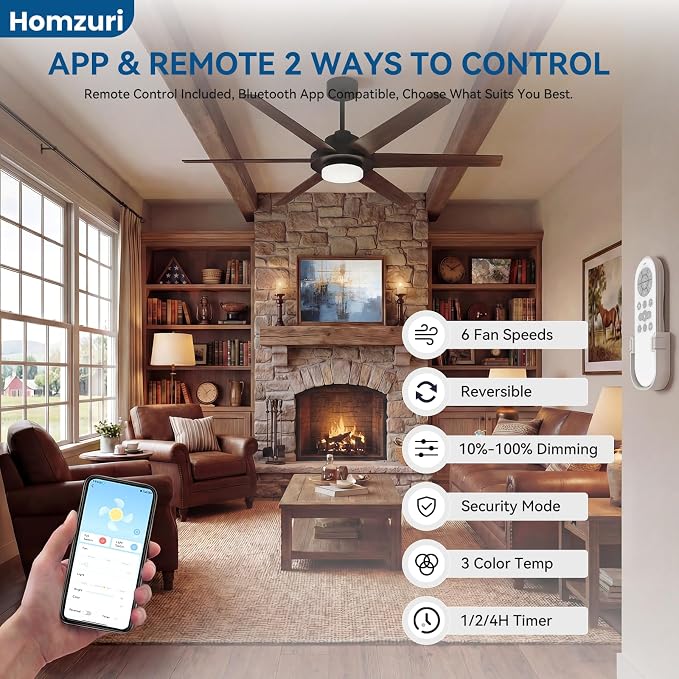 64 Inch Ceiling Fans with Lights, Large Ceiling fan with Light and Remote/APP Control, 3CCT, Dimmable, Noiseless DC Reversible Motor, 6 Blades Black Ceiling Fan for Bedroom Living Room Outdoor