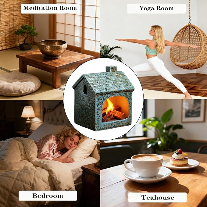 Ceramic Mini Chiminea Palo Santo Burner | Sage & Incense Cone Holder | Stable Smudge Bowl for Zen Altar, Meditation, Yoga | Home Decor & Gift (Blue)