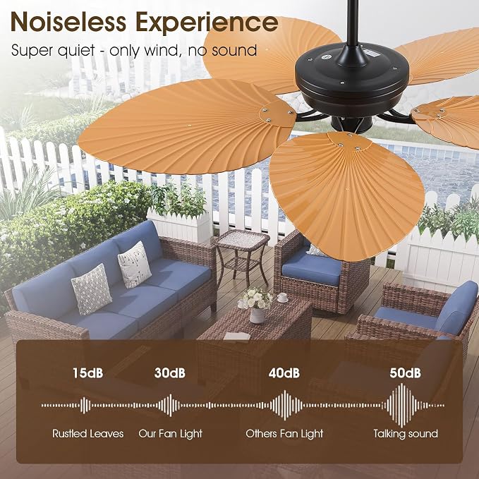 52 Inch Waterproof Outdoor Palm Leaf Ceiling Fans without Lights and Remote | IP44 Wet-rated,6 Wind Speeds, Reversible, 40W Quiet DC Motor,1/4/8H Timer,Suit for Patios Porch Gazebo Pergola