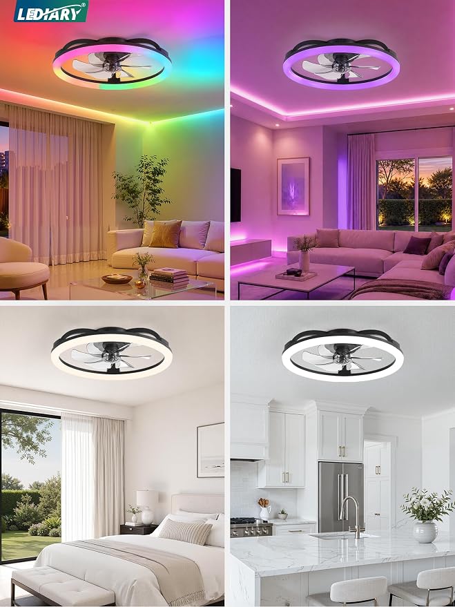 LEDIARY RGB 23" Ceiling Fans with Lights and Remote for Bedroom, Black | Low Profile Flush Mount Fan Light, Dimmable Modern Ceiling Fan(3000K-6000K), 6 Speed, Reversible, APP & Remote Control