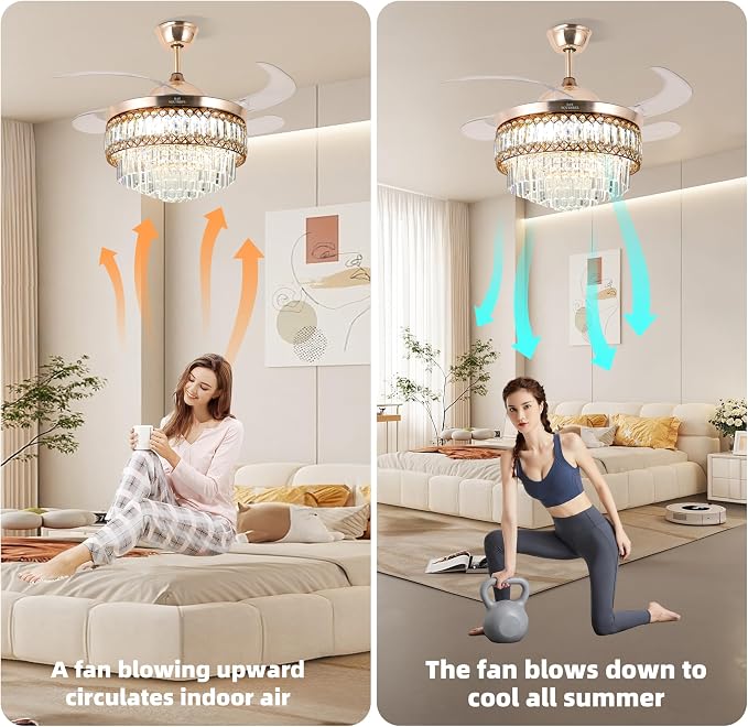 Retractable Crystal Ceiling Fan with Lights and Remote/APP Control, Bluetooth Ceiling Fan with Speaker, 6-Speed Reversible Blades, RGB Light, Invisible Fandelier for Bedroom Dinning Room 42"