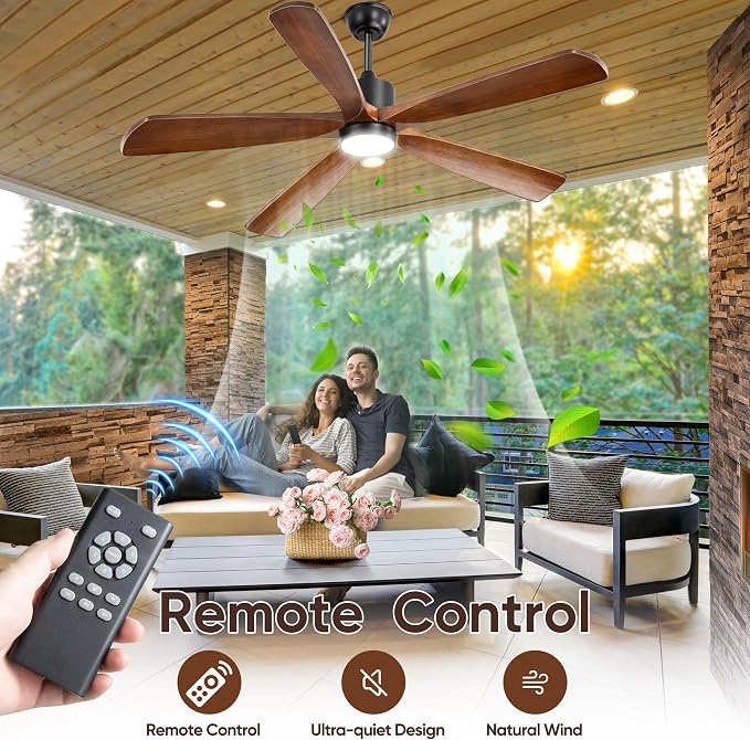 70 Inch DC Ceiling Fan Light 5 Walnut Blades UL Damp Rated | 5 walnut blades, 3000K-6500K dimmable LED, 6-speed reversible remote, UL damp rated for indoor outdoor farmhouse
