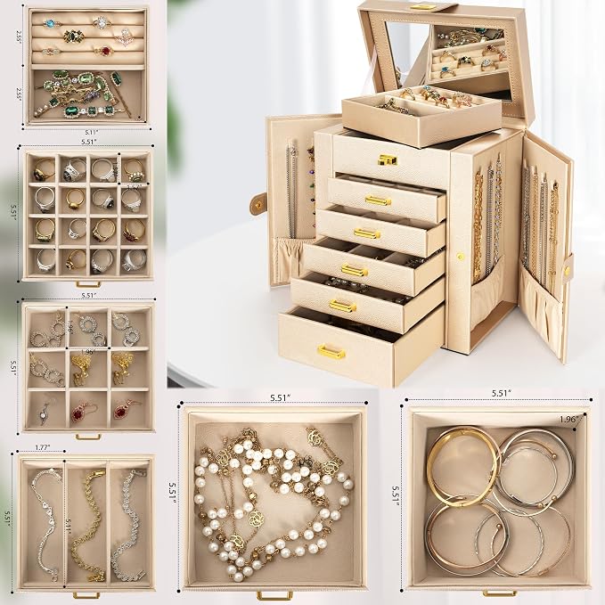 AKOZLIN 6-Tier Jewelry Box Organizer Functional 5 Drawers Leather Jewelry Storage Case for Women Girls Ring Necklace Earring Bracelet Holder Organizer with Mirror Champagne Regular