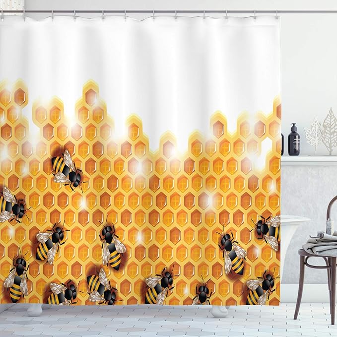 Ambesonne Nature Shower Curtain, Honey Bees Wax Abstract Insect of Spring Season Artwork Image, Cloth Fabric Bathroom Decor Set with Hooks, 69" W x 84" L, Marigold Apricot