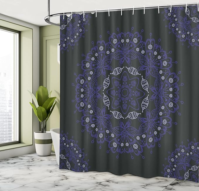 Ambesonne Dark Blue Shower Curtain, Oriental Round Ornate Mandala Lace Style Eastern, Cloth Fabric Bathroom Decor Set with Hooks, 69" W x 70" L, Blue Violet Coconut